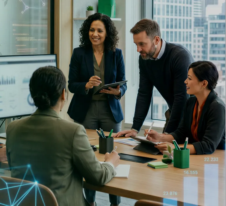 Mastech team gathered around a holographic data interface